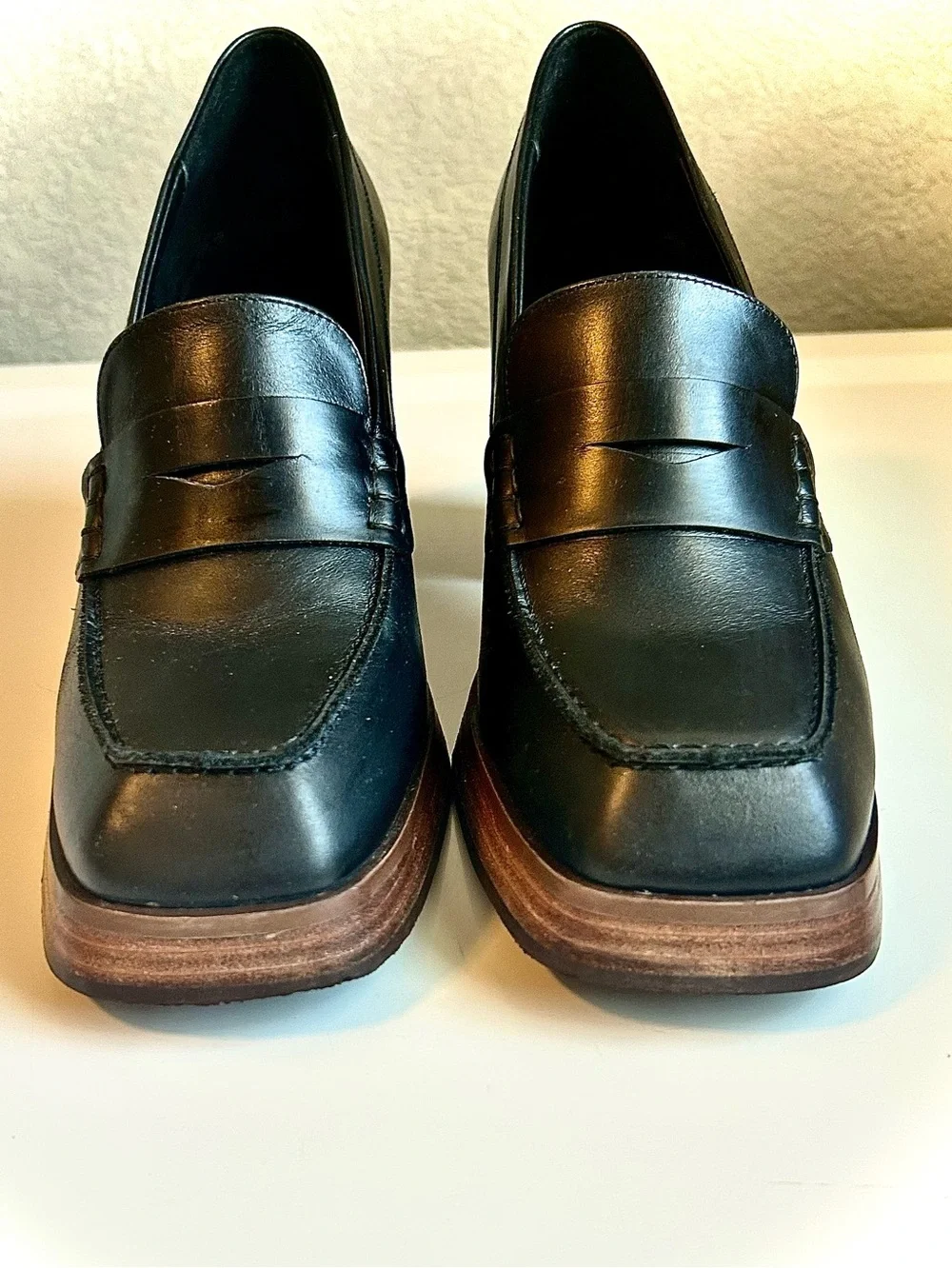 ALOHAS Busy Leather High Block Heel Penny Loafer Black 9